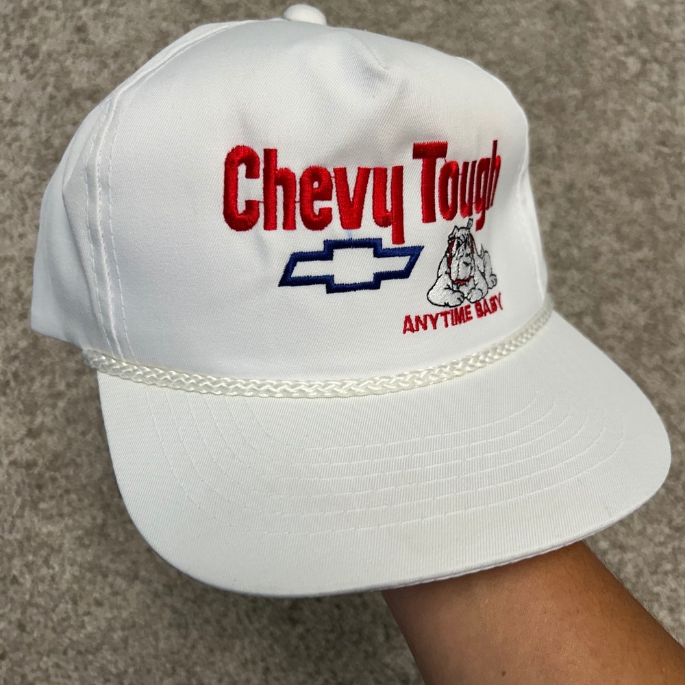 Vintage Chevy Tough Snapback Hat Anytime Baby Rope Bulldog Young an 90s White